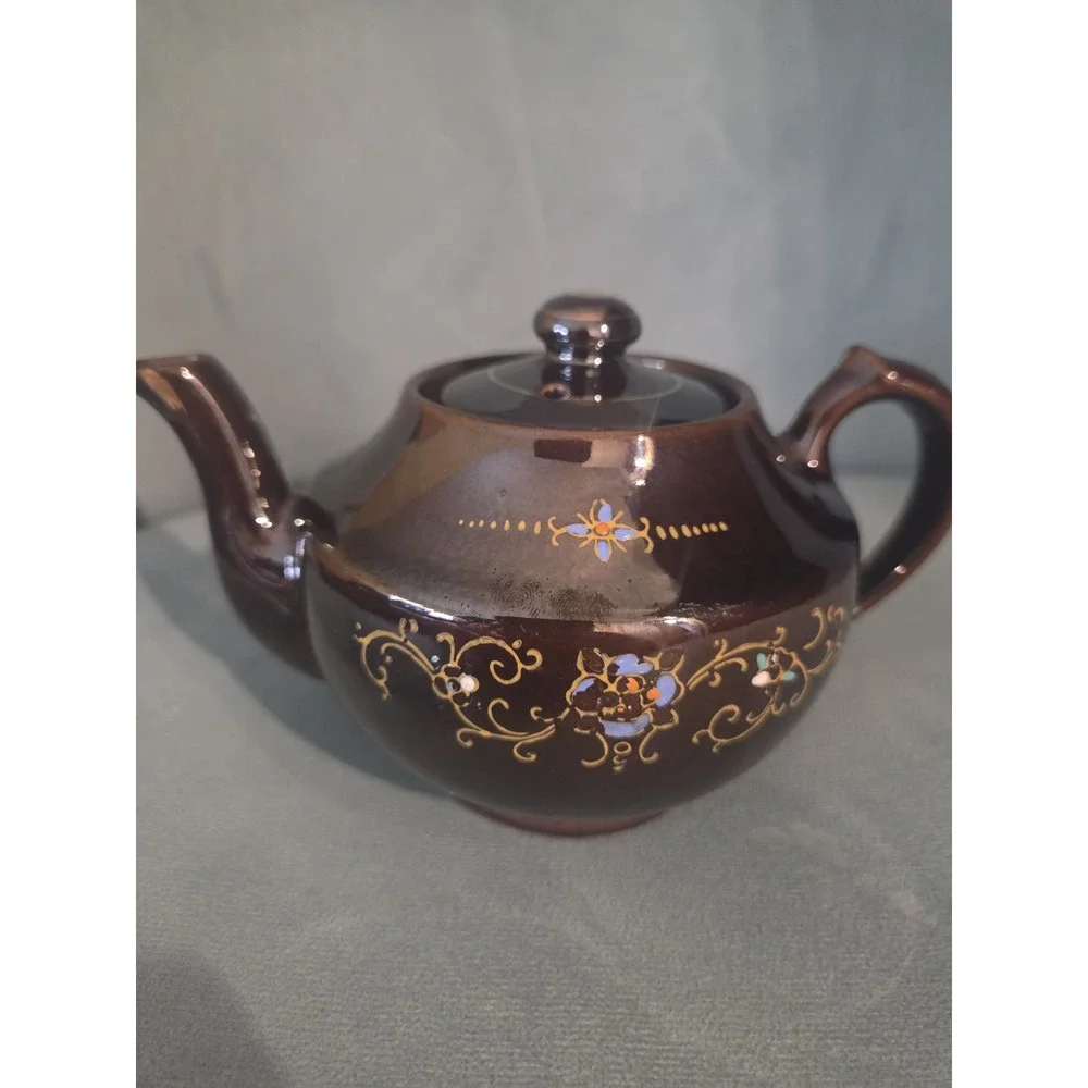 Vtg Brown Betty Redware Teapot Moriage Enamel Hand Painted Japan Set Of 4